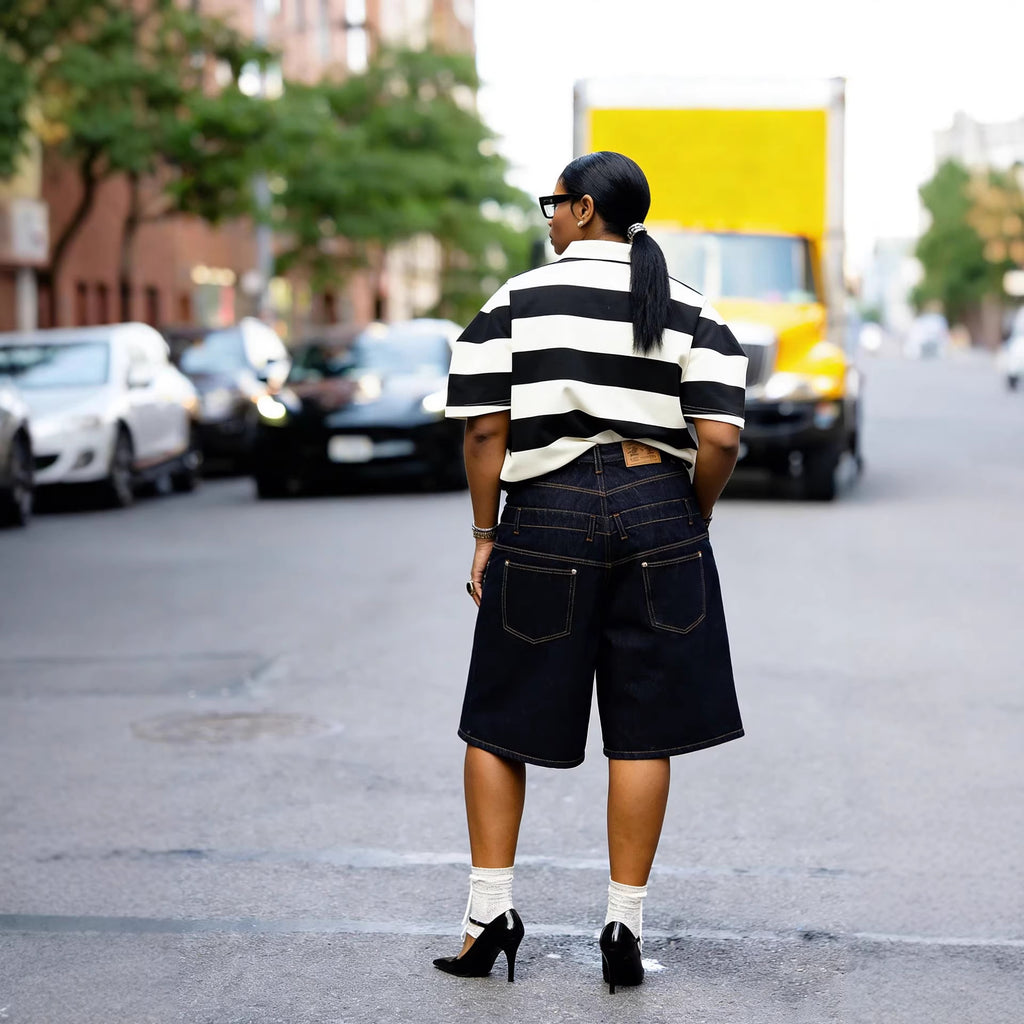 Street Style Faux Two-Piece Double Waistband Stud Denim Shorts
