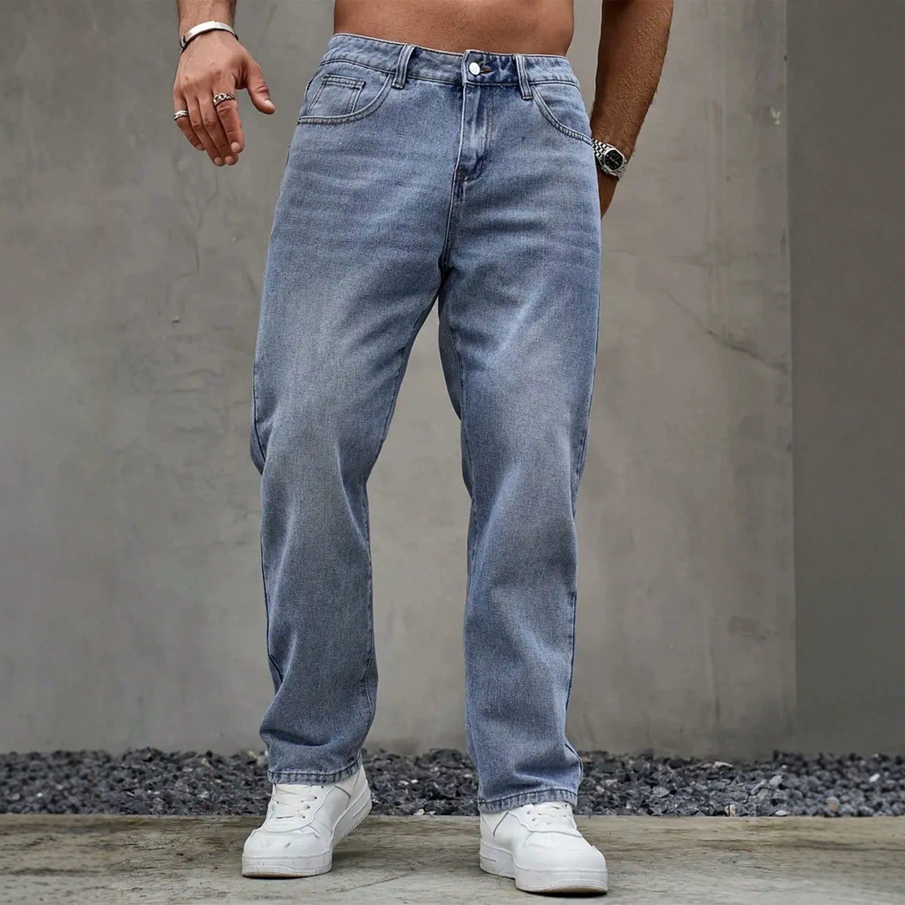 Washed Vintage Blue Denim Pants for Men, Casual Fashionable Street Style Jeans