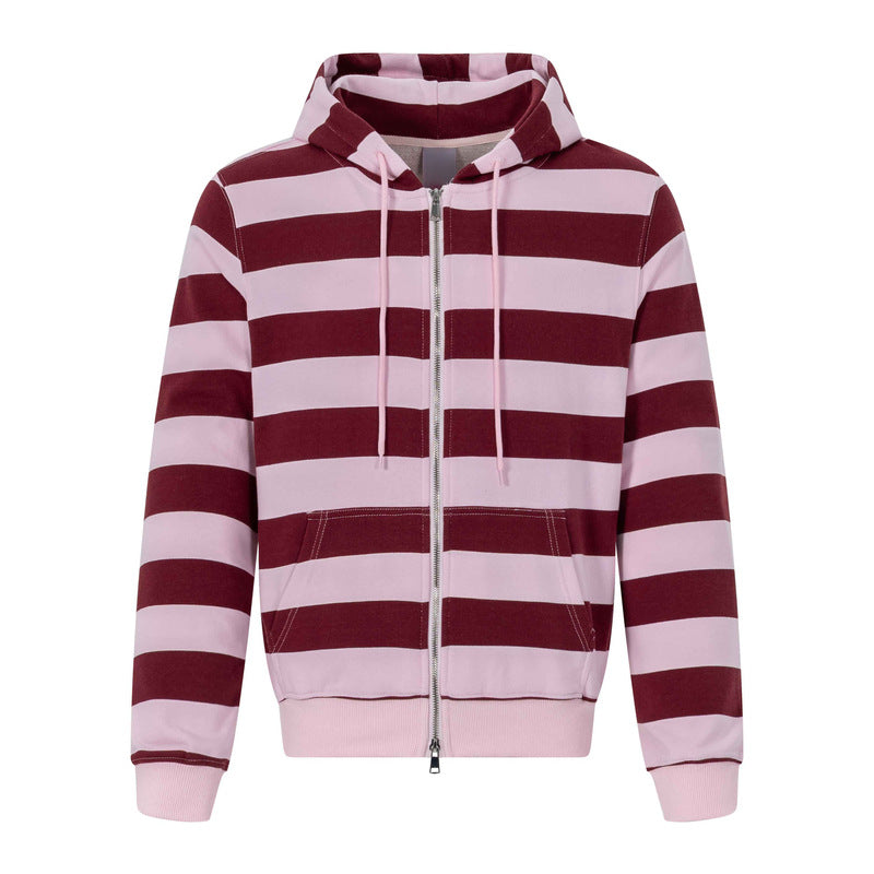 Black and gray striped hooded sweatshirt casual jacket