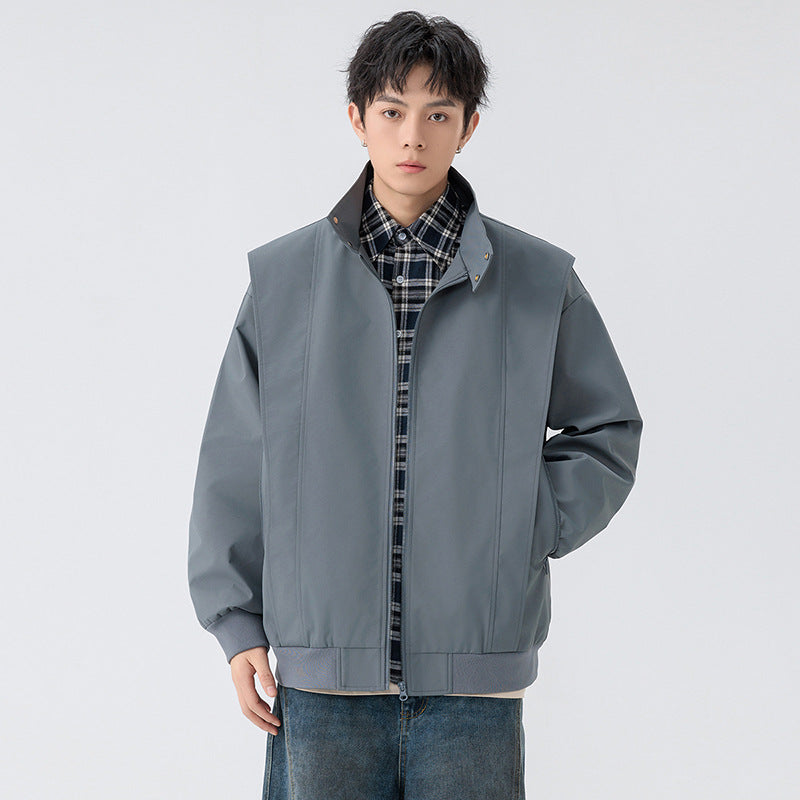 Cleanfit  Stand Collar Jacket for Men, Deconstructed Spliced Casual Loose Fit Stand Collar Jacket