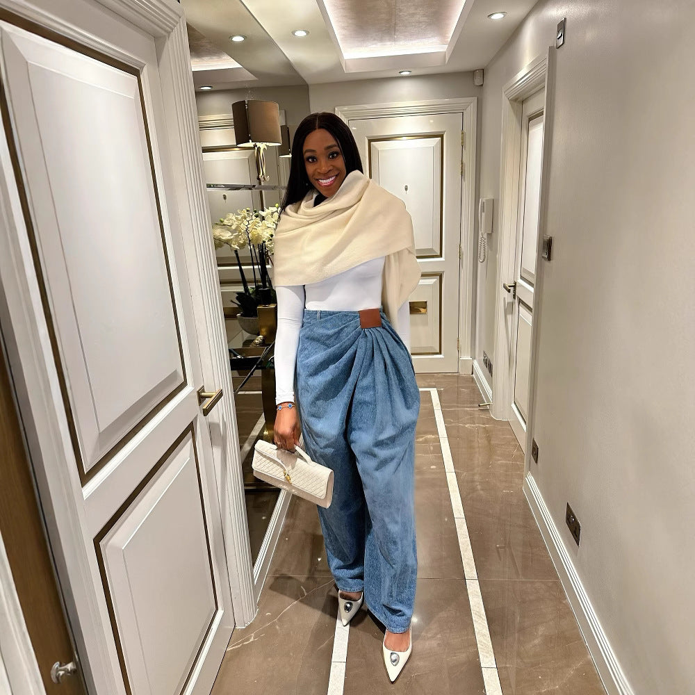 Street Style High-Waisted Wide-Leg Washed Denim Pants for Women