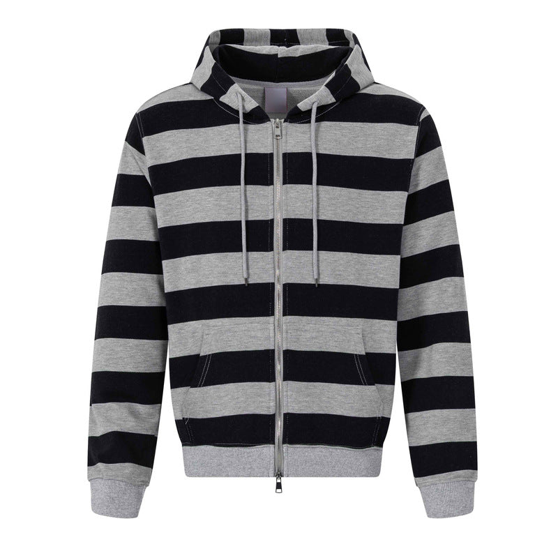 Black and gray striped hooded sweatshirt casual jacket