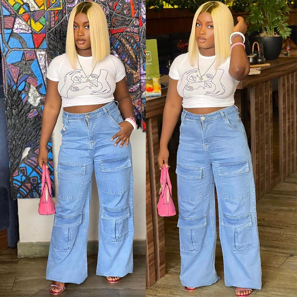 Women's Street Fashion Washed High-Waist Denim Pants with Large Pockets, Loose Casual Straight Leg Pants