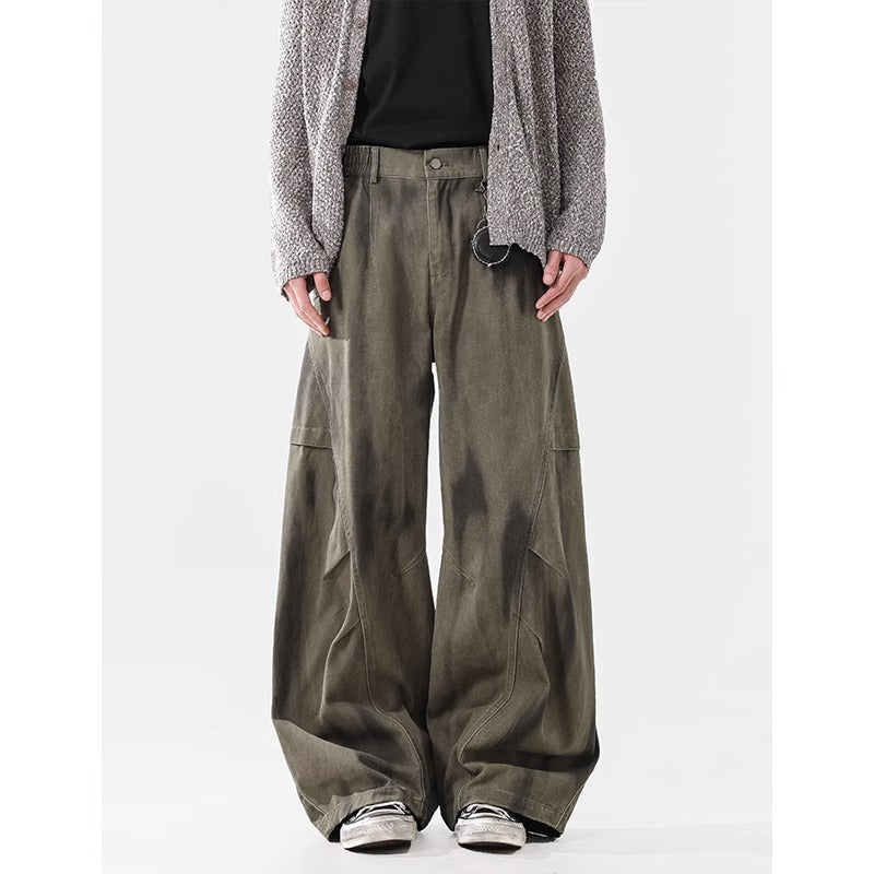 Stylish Design Pleated Distressed Cargo Jeans for Men Loose Fit, Vintage Wash, Versatile Long Pants