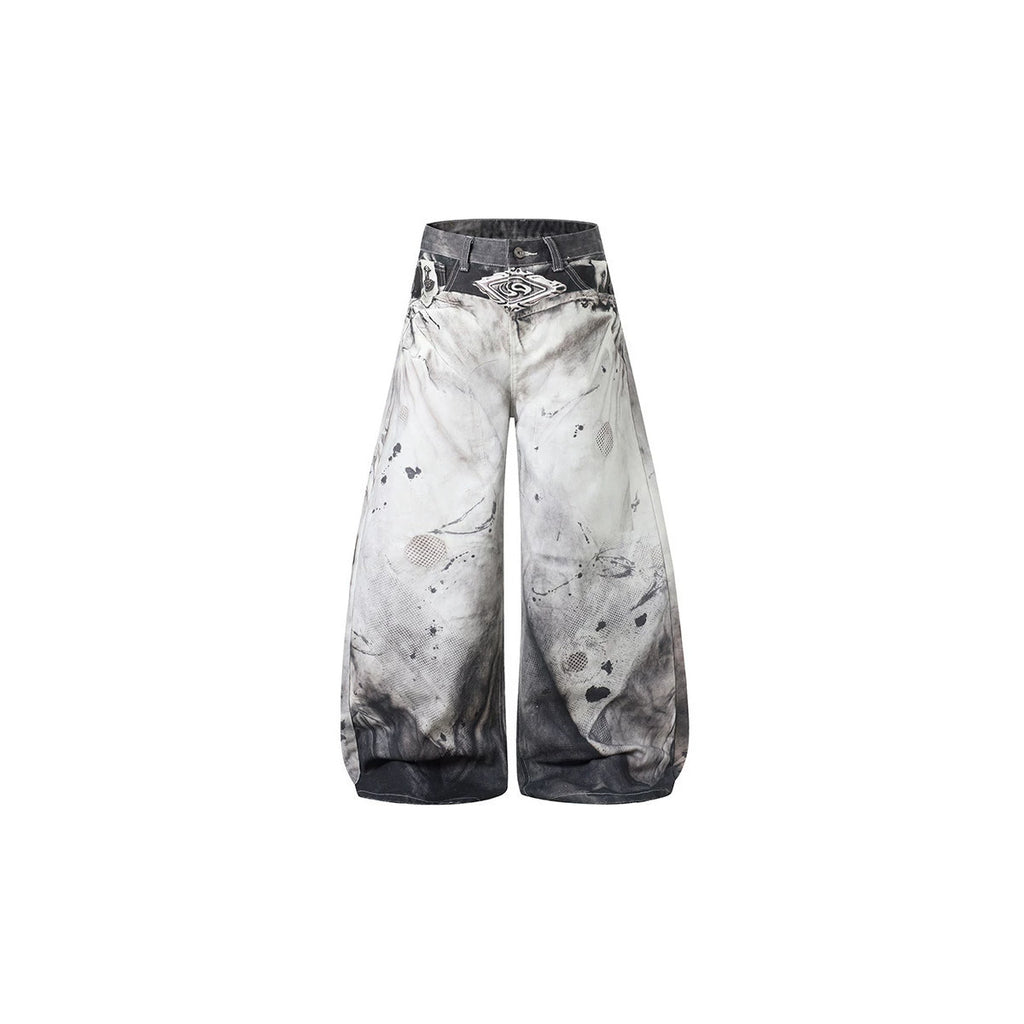 Street Style Splatter Effect Curved Knife Jeans Men's Loose Ink-Wash Wide-Leg Casual Long Pants