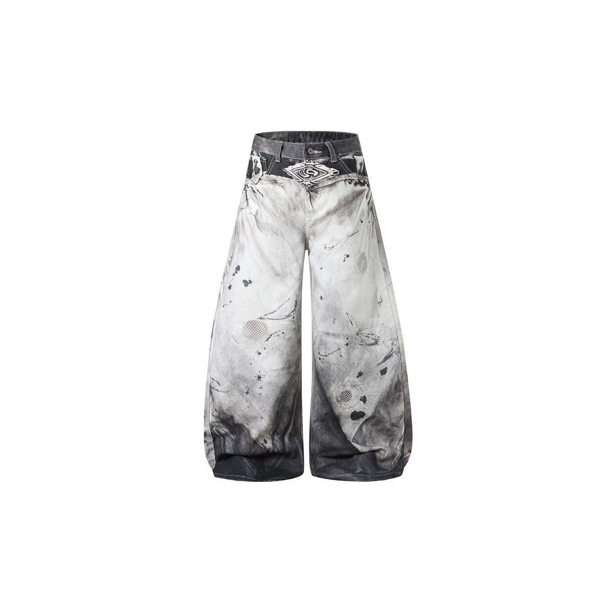 Street Style Splatter Effect Curved Knife Jeans Men's Loose Ink-Wash Wide-Leg Casual Long Pants