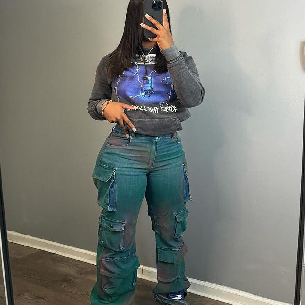 Fashionable Individuality Trendy Multi-Pocket Tie-Dye Jeans High Waist Straight Leg Pants
