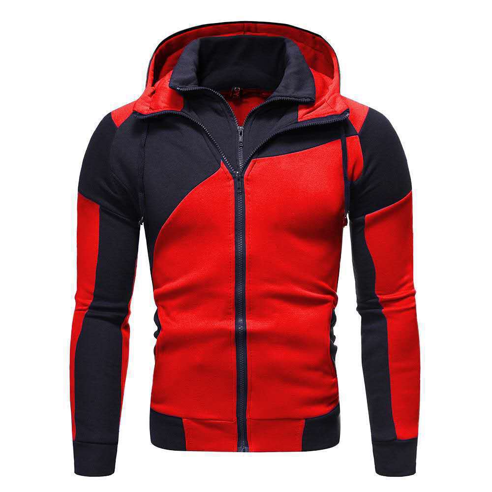Men's Casual Color Block Spliced Long Sleeve Two-Way Zipper Hooded Zip-Up Jacket