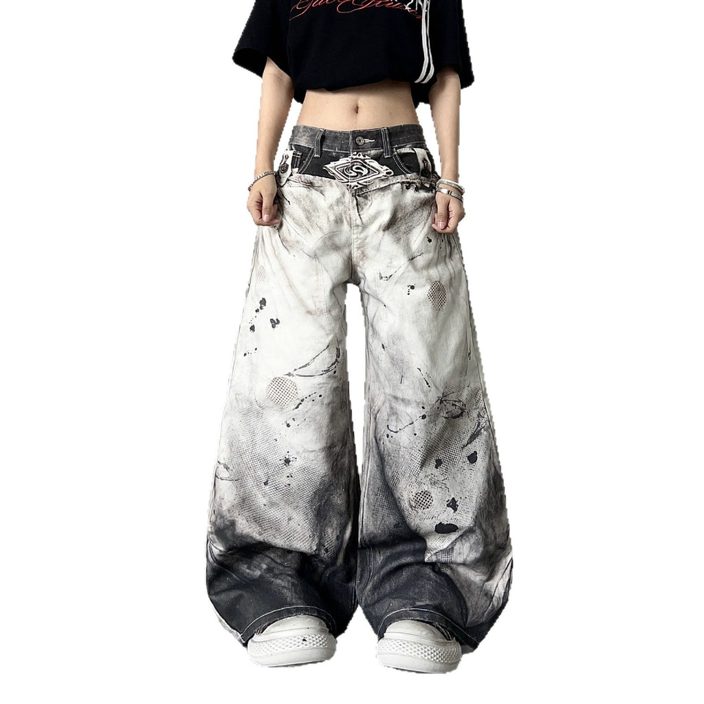 Street Style Splatter Effect Curved Knife Jeans Men's Loose Ink-Wash Wide-Leg Casual Long Pants