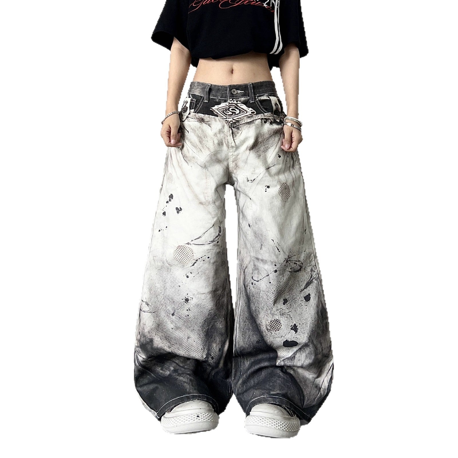 Street Style Splatter Effect Curved Knife Jeans Men's Loose Ink-Wash Wide-Leg Casual Long Pants