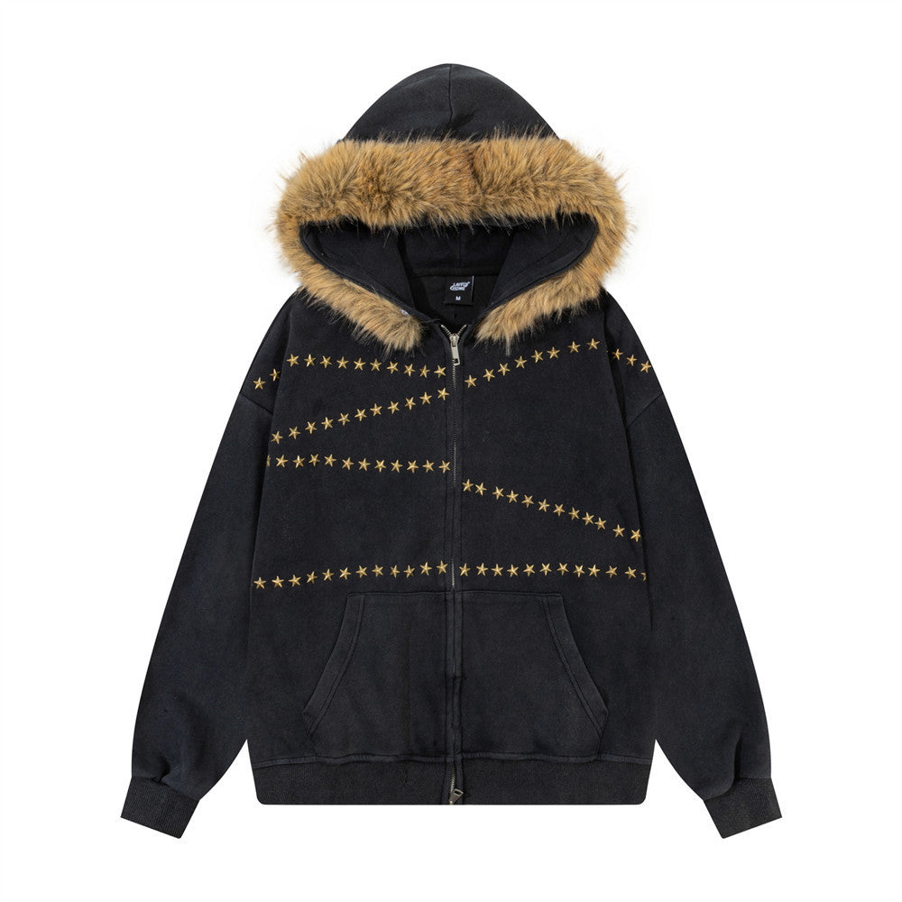 Mao collar hooded sweatshirt jacket