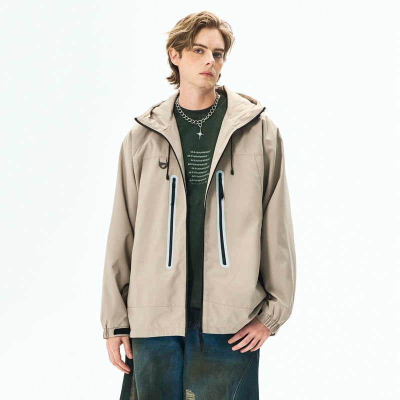 Cleanfit  Hooded Reflective Stripe Jacket for Men, Casual Streetwear Trendy Outerwear