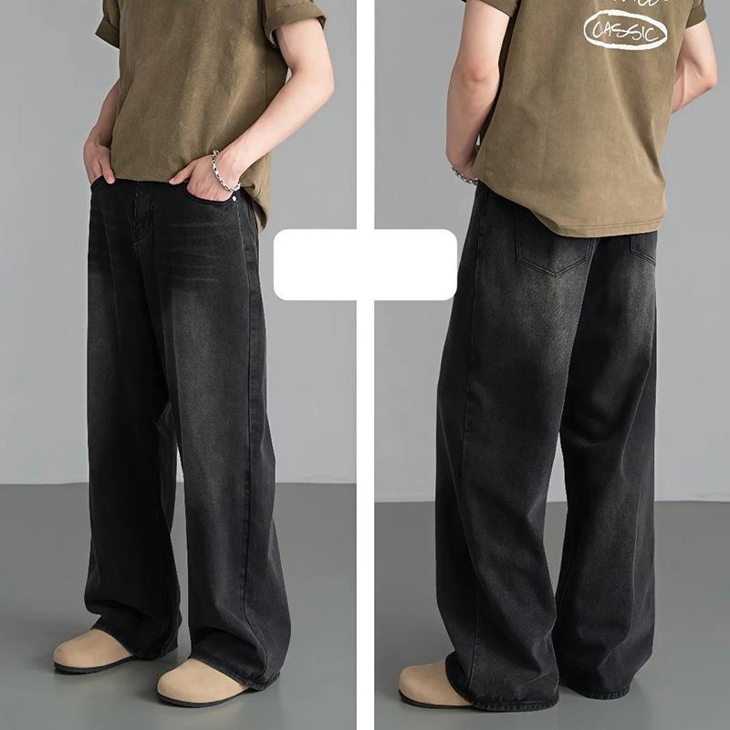 Vintage Denim Pants Men Washed Wide Leg Retro Distressed Loose Straight Leg Long Trousers