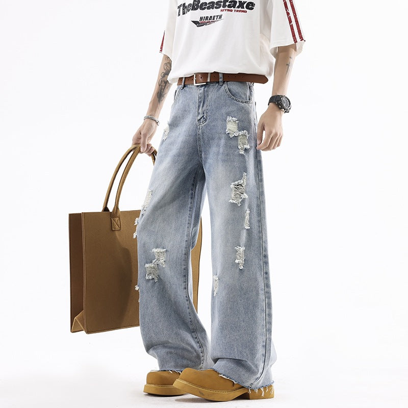 Street Style Ripped Denim Pants Men Lightweight Straight Loose