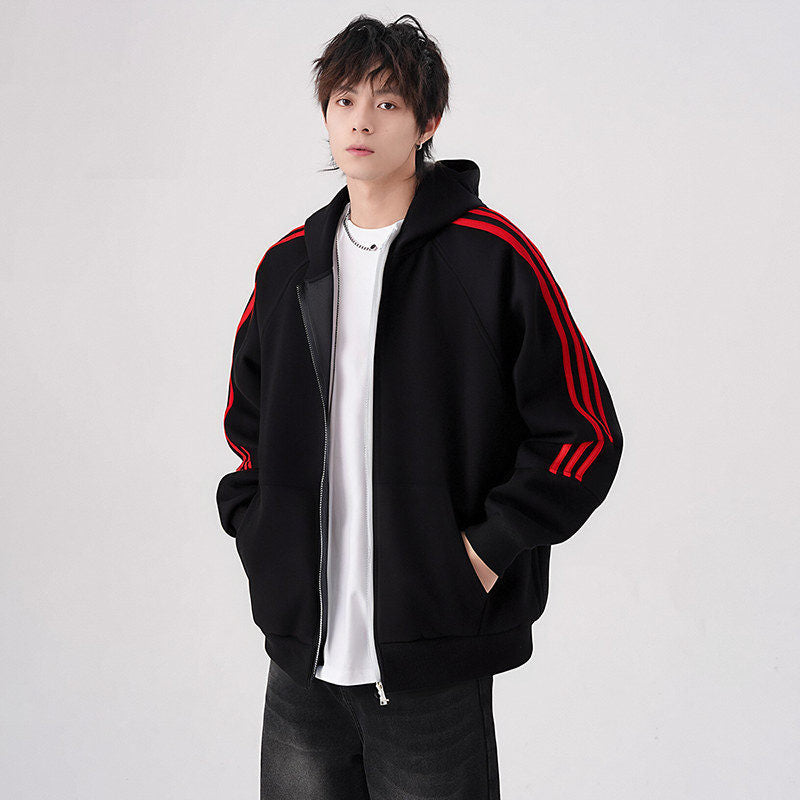 Striped Three-Stripe Open Front Hoodie Men's Spring and Autumn New Arriva  Casual Versatile Hooded Jacket Outerwear
