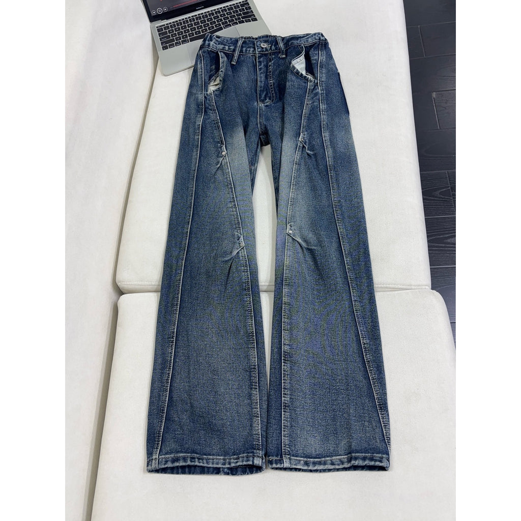 Lightning Pattern Washed Denim Pants Men Straight Leg Pants