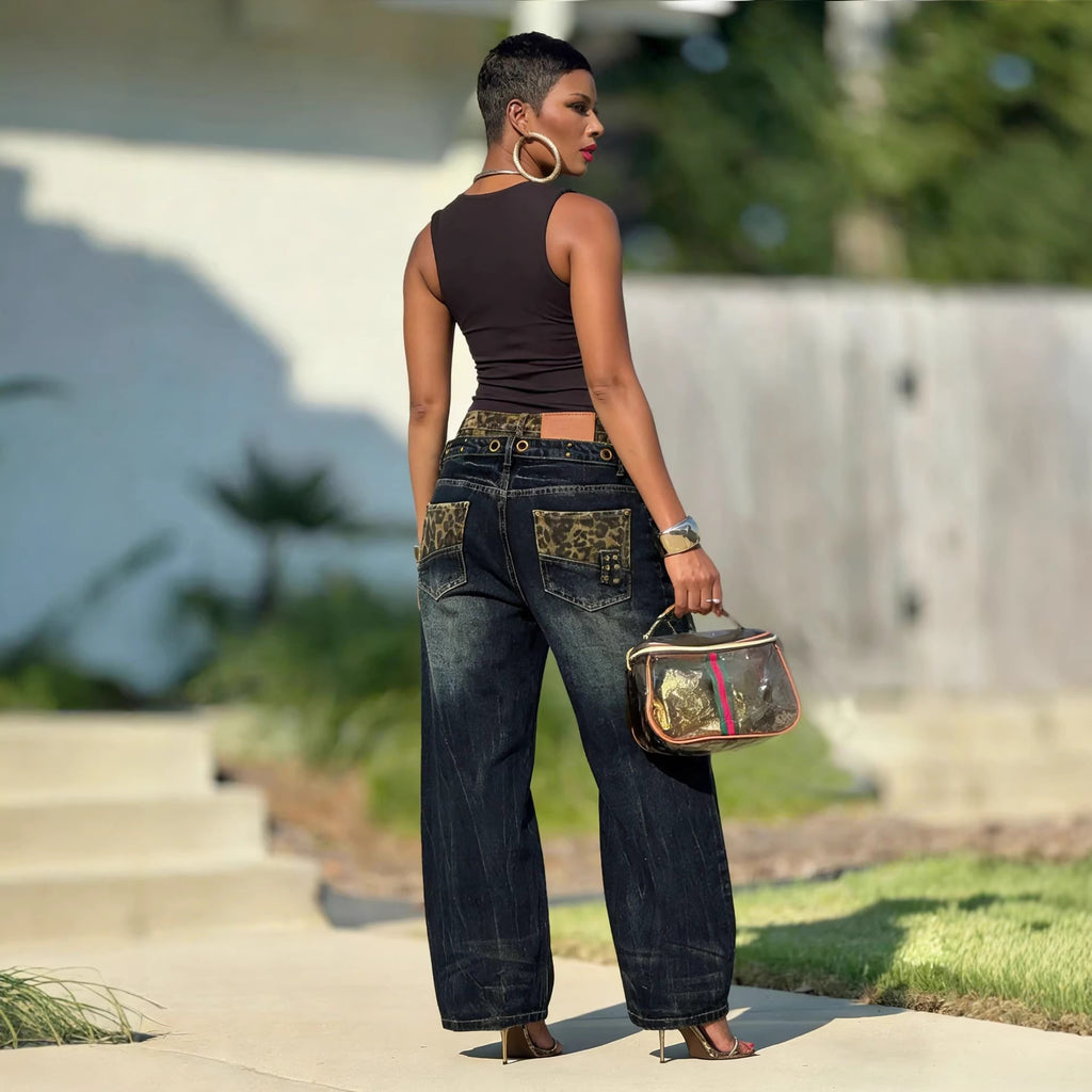 Two Waistband Distressed Washed Denim Pants with Leopard Print Pattern