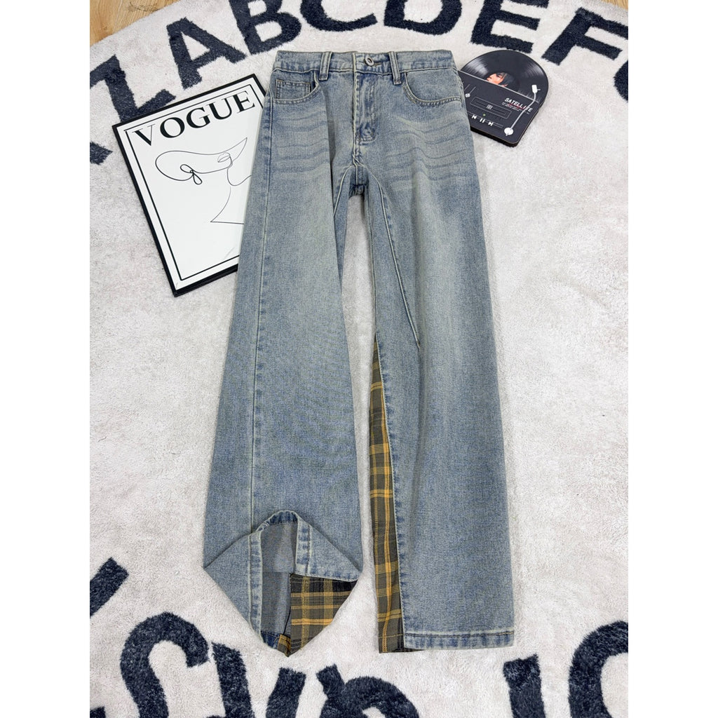 Deconstructed Plaid Patchwork Denim Pants for Men