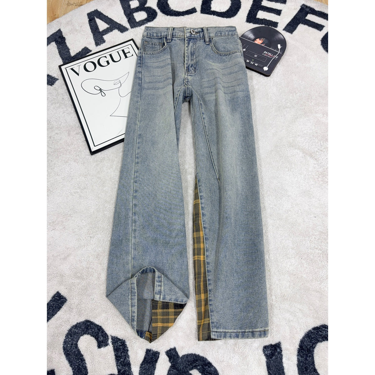 Deconstructed Plaid Patchwork Denim Pants for Men