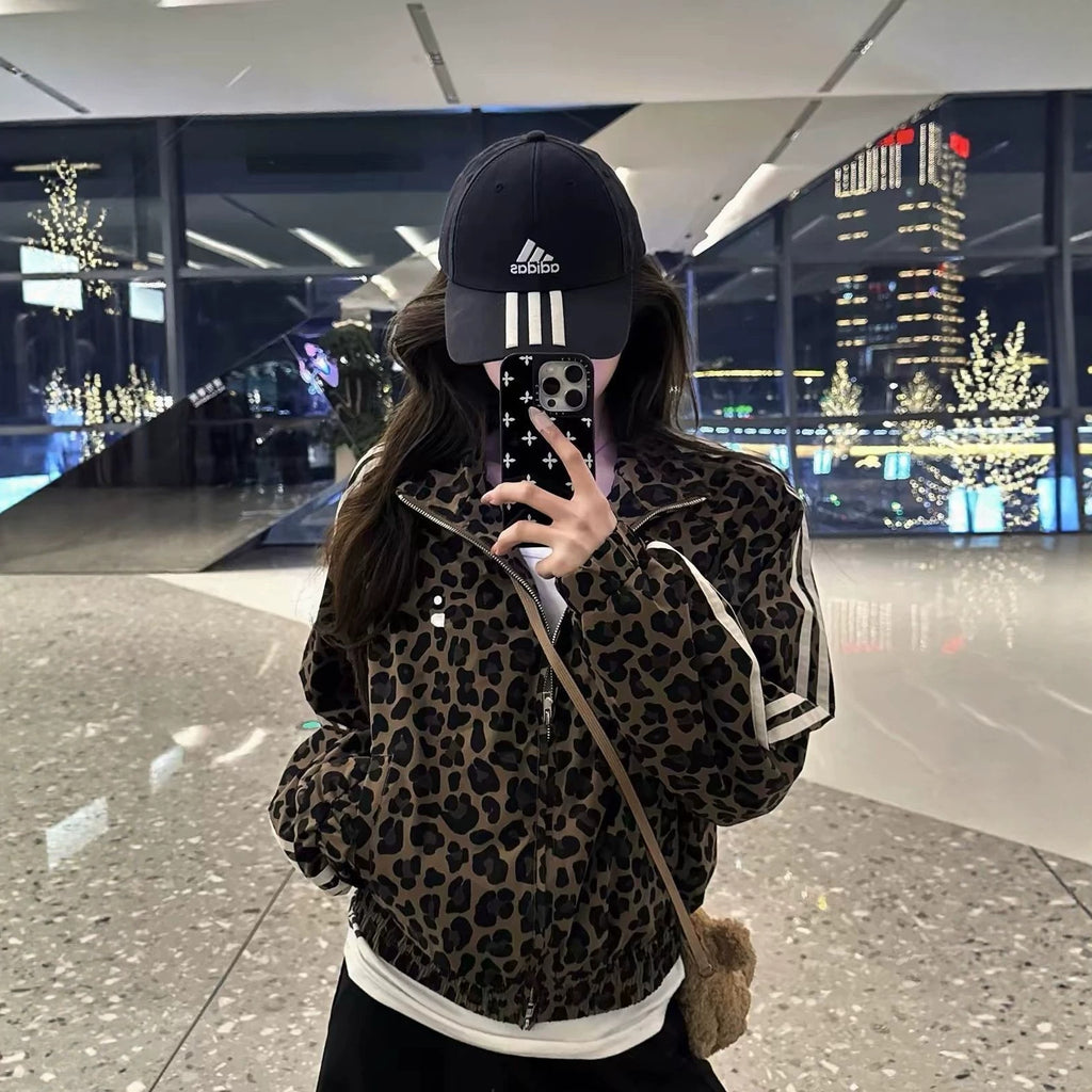 Retro Leopard Print Stand Collar Zip-Up Hoodie for Women