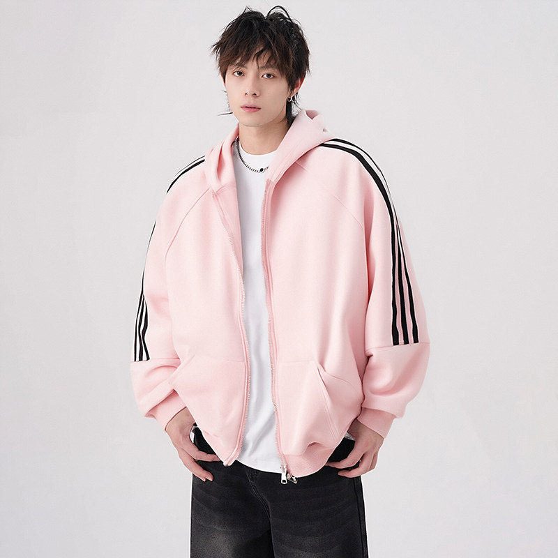Striped Three-Stripe Open Front Hoodie Men's Spring and Autumn New Arriva  Casual Versatile Hooded Jacket Outerwear