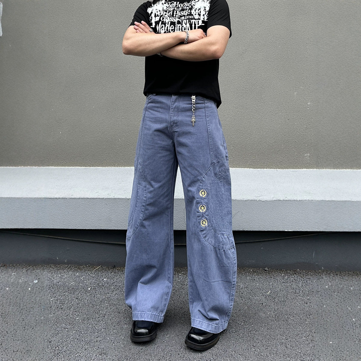 High Waist Men's Arc Fashion Patchwork Star Design Jeans Summer Loose Drape Versatile Wide Leg Pants