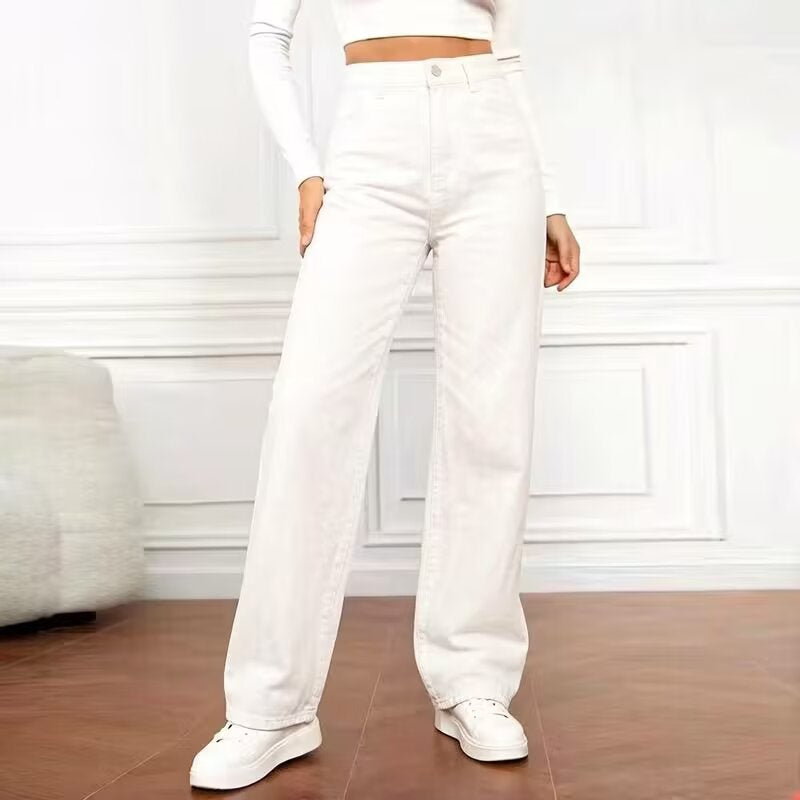 Chic Women's Fashionable Denim Pants Summer Casual Elegant Solid Color Long Trousers