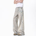 Chains Lace Print Denim Pants Men Summer Splatter Design Distressed Straight Leg Slim Fit Versatile Wide Leg Floor Length Trousers