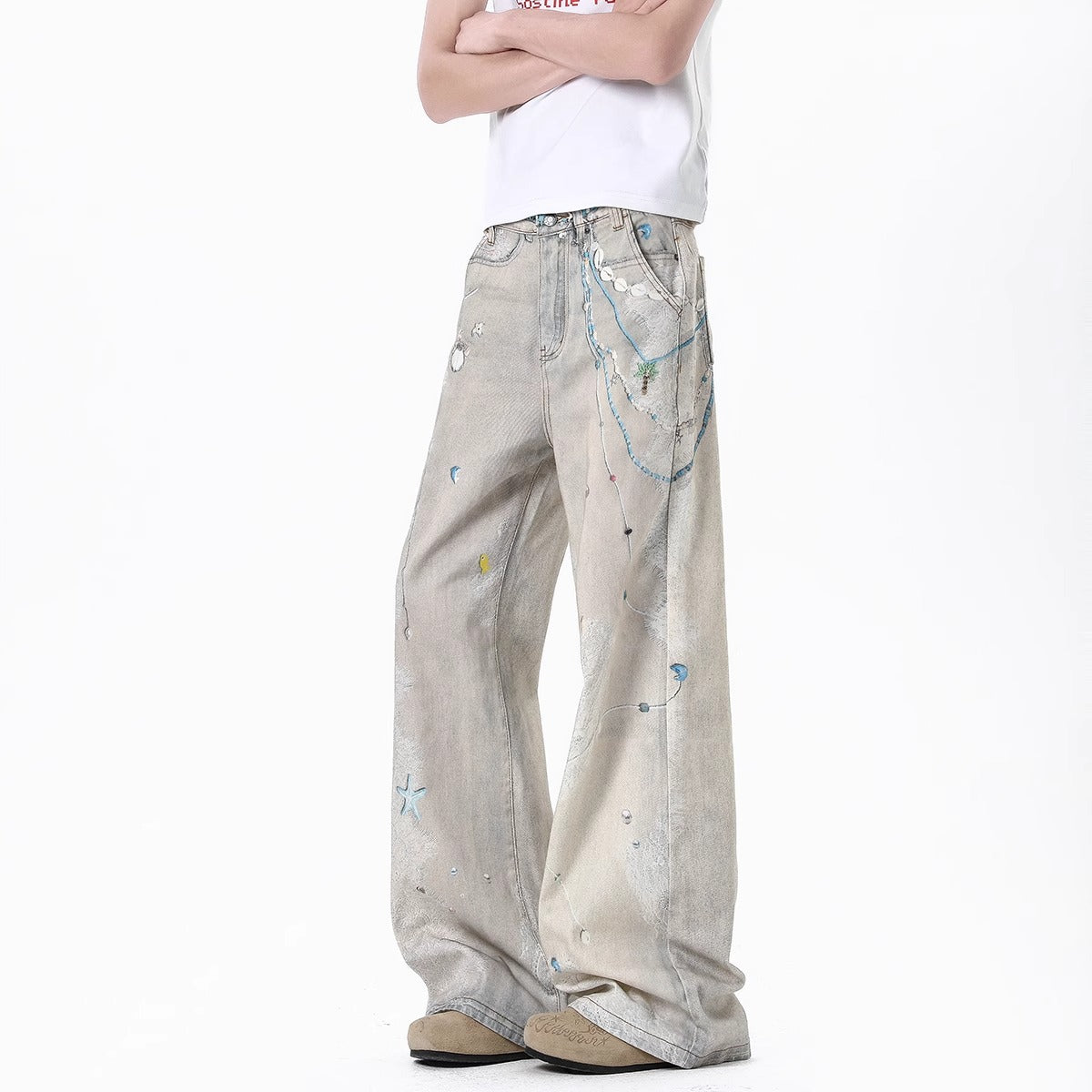 Chains Lace Print Denim Pants Men Summer Splatter Design Distressed Straight Leg Slim Fit Versatile Wide Leg Floor Length Trousers