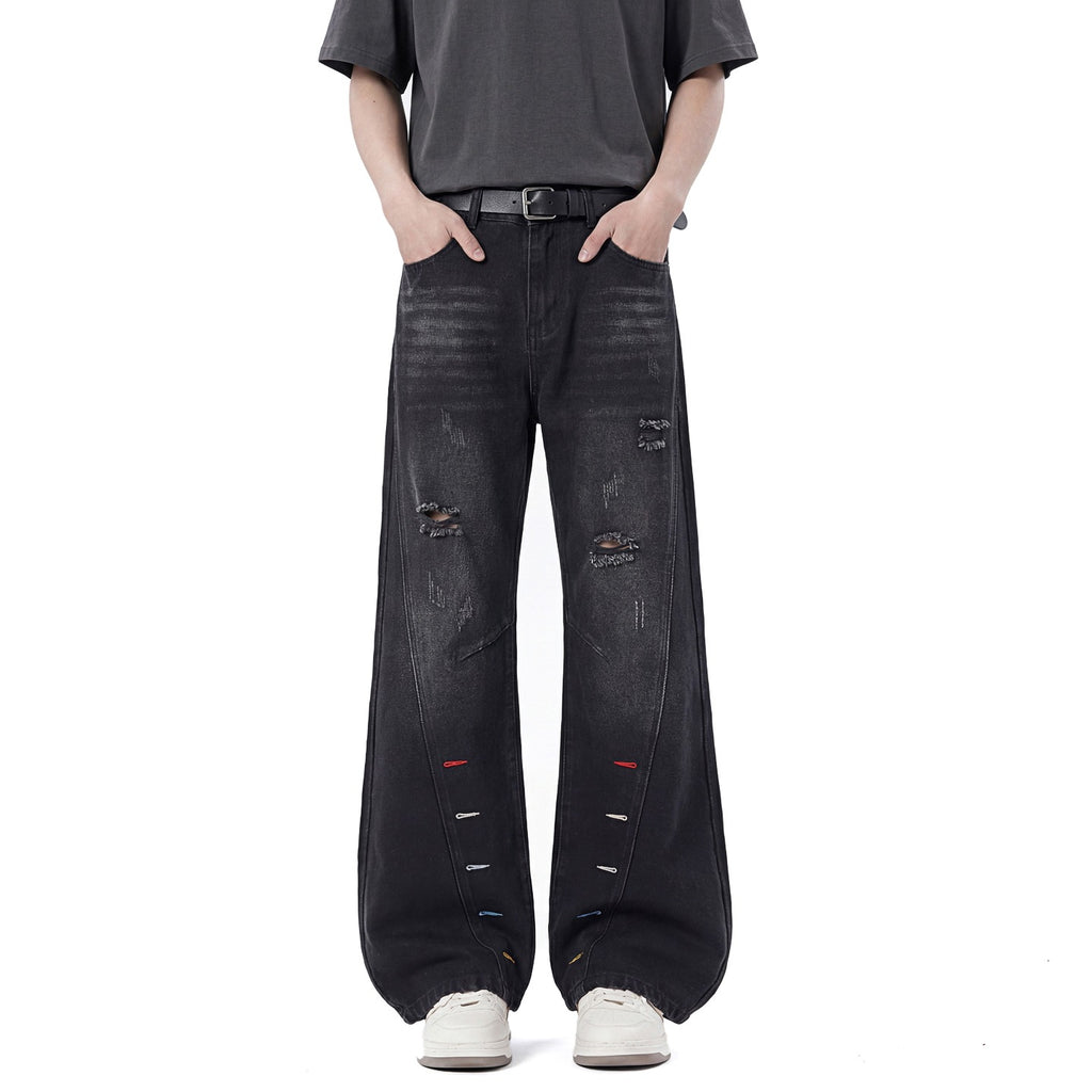 Colorful Buttonhole Diagonal Cut Jeans Men's Pants