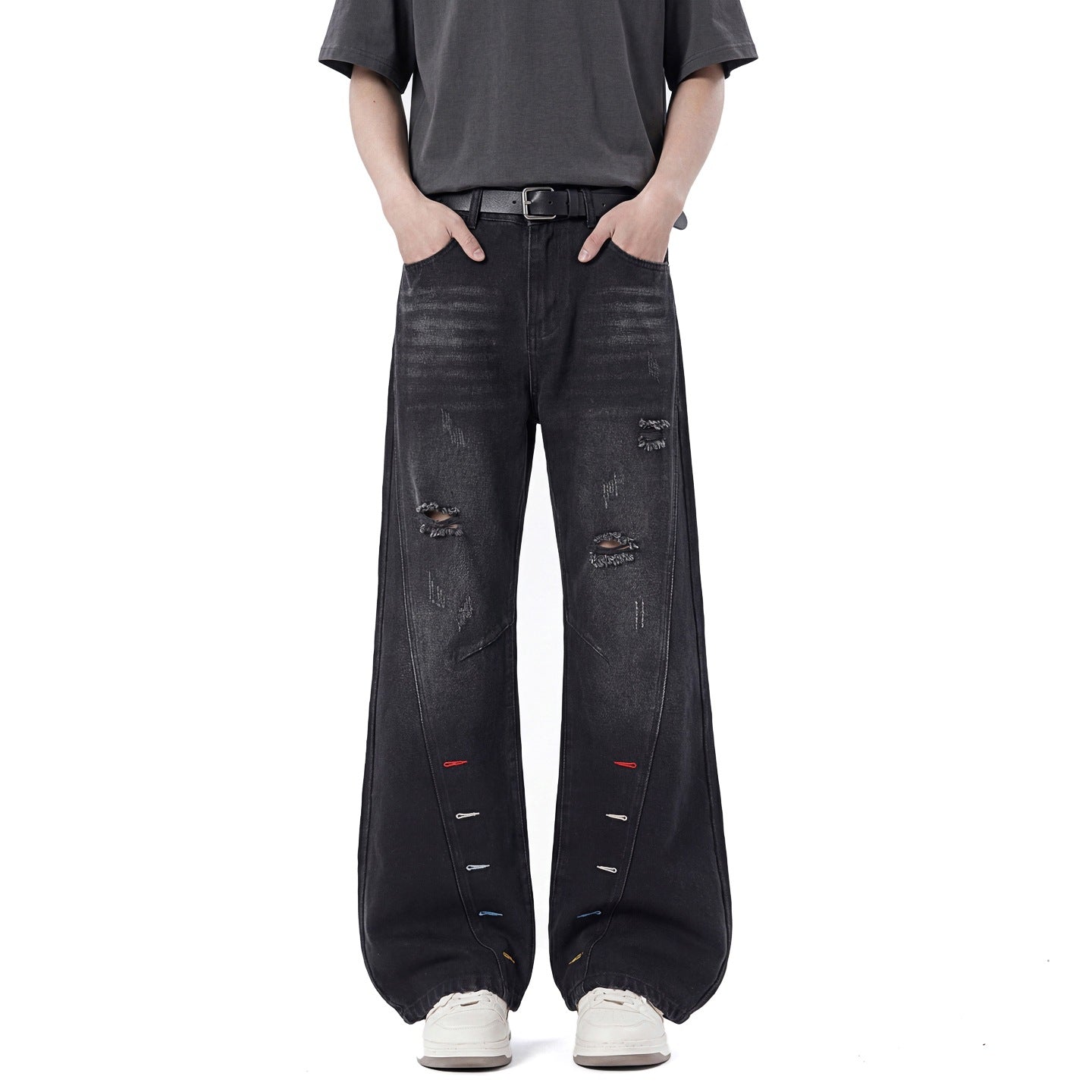 Colorful Buttonhole Diagonal Cut Jeans Men's Pants