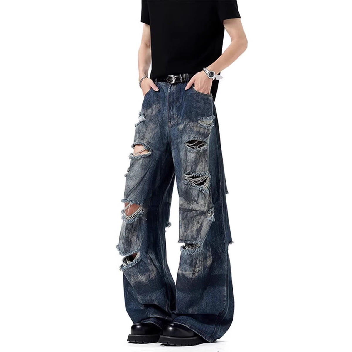 Washed Distressed Knife-Edge Pants for Men Summer Casual Loose Fit  Denim Trousers
