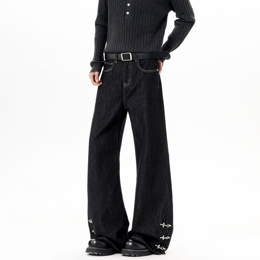 Style Buckle Denim Pants Men Spring Autumn New Retro Design Flared Trendy Cleanfit Long Trousers