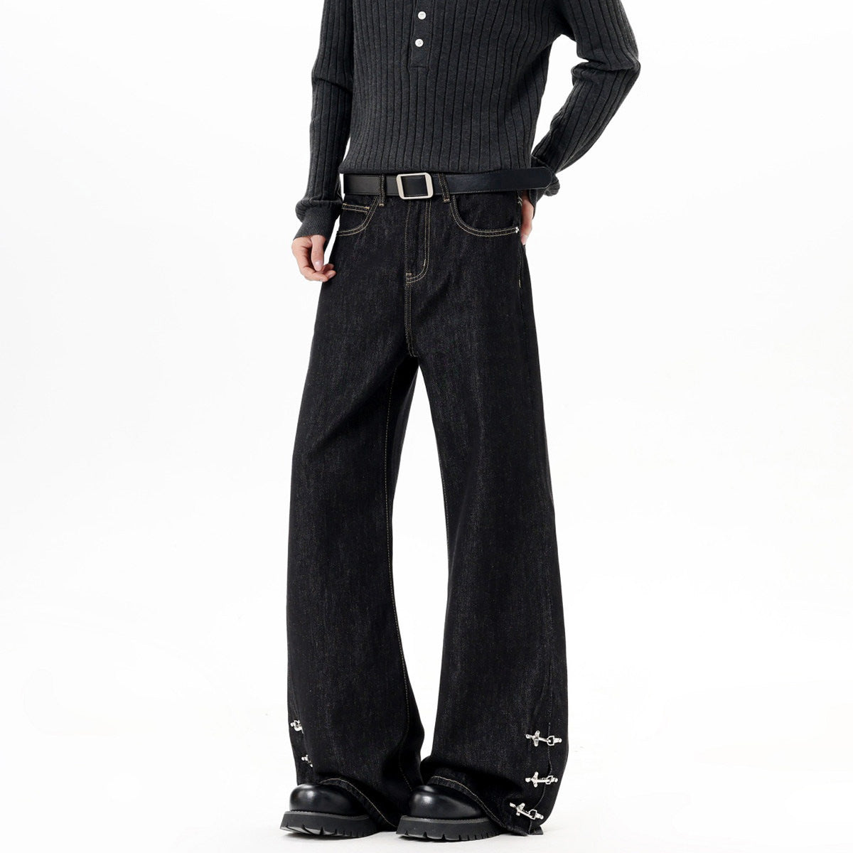 Style Buckle Denim Pants Men Spring Autumn New Retro Design Flared Trendy Cleanfit Long Trousers