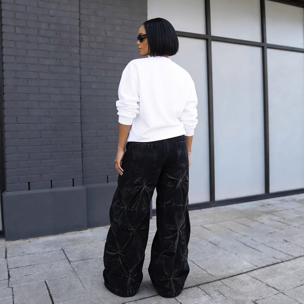 Street Style Dyed Deconstructed Pleated Washed Denim Pants