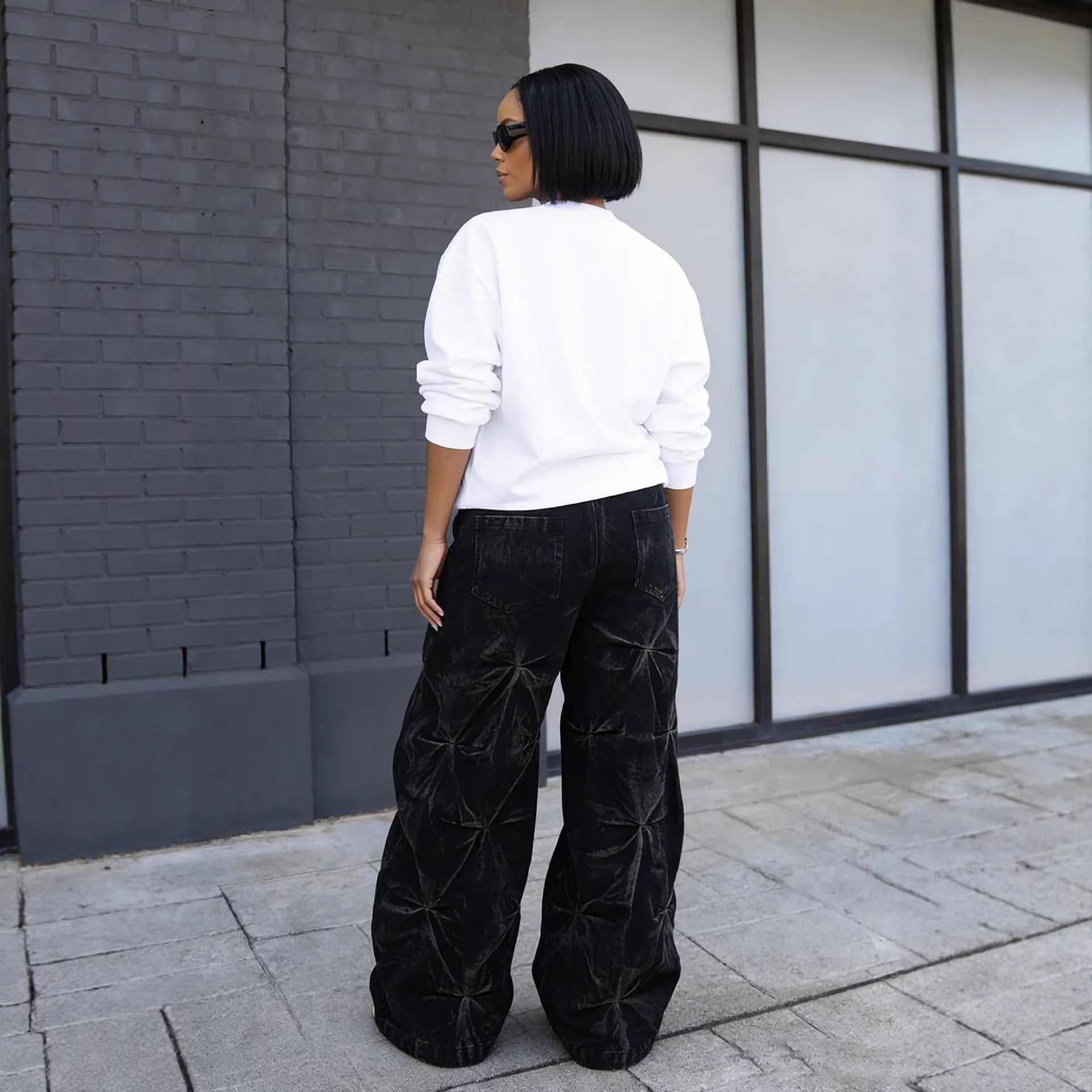 Street Style Dyed Deconstructed Pleated Washed Denim Pants