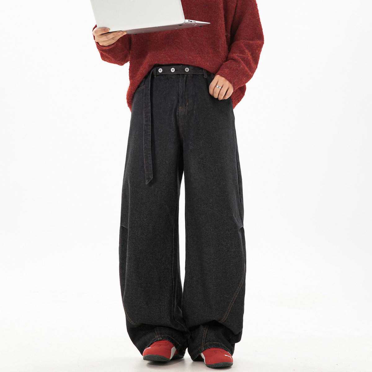 Raw Denim Retro Jeans for Men, Autumn Loose Straight Leg Pants with Belt Loop and Button Closure, Casual Long Trousers