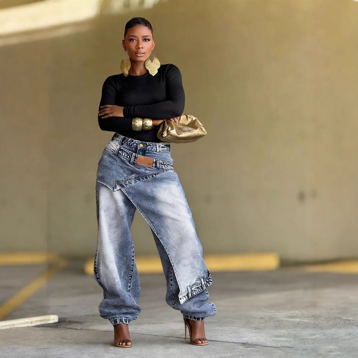 Deconstructed Patchwork Layered Washed Denim Pants