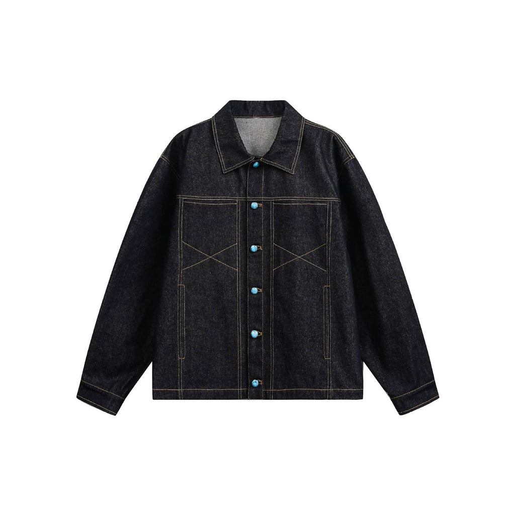 Turquoise Color-block Buttoned Loose Denim Jacket for Men
