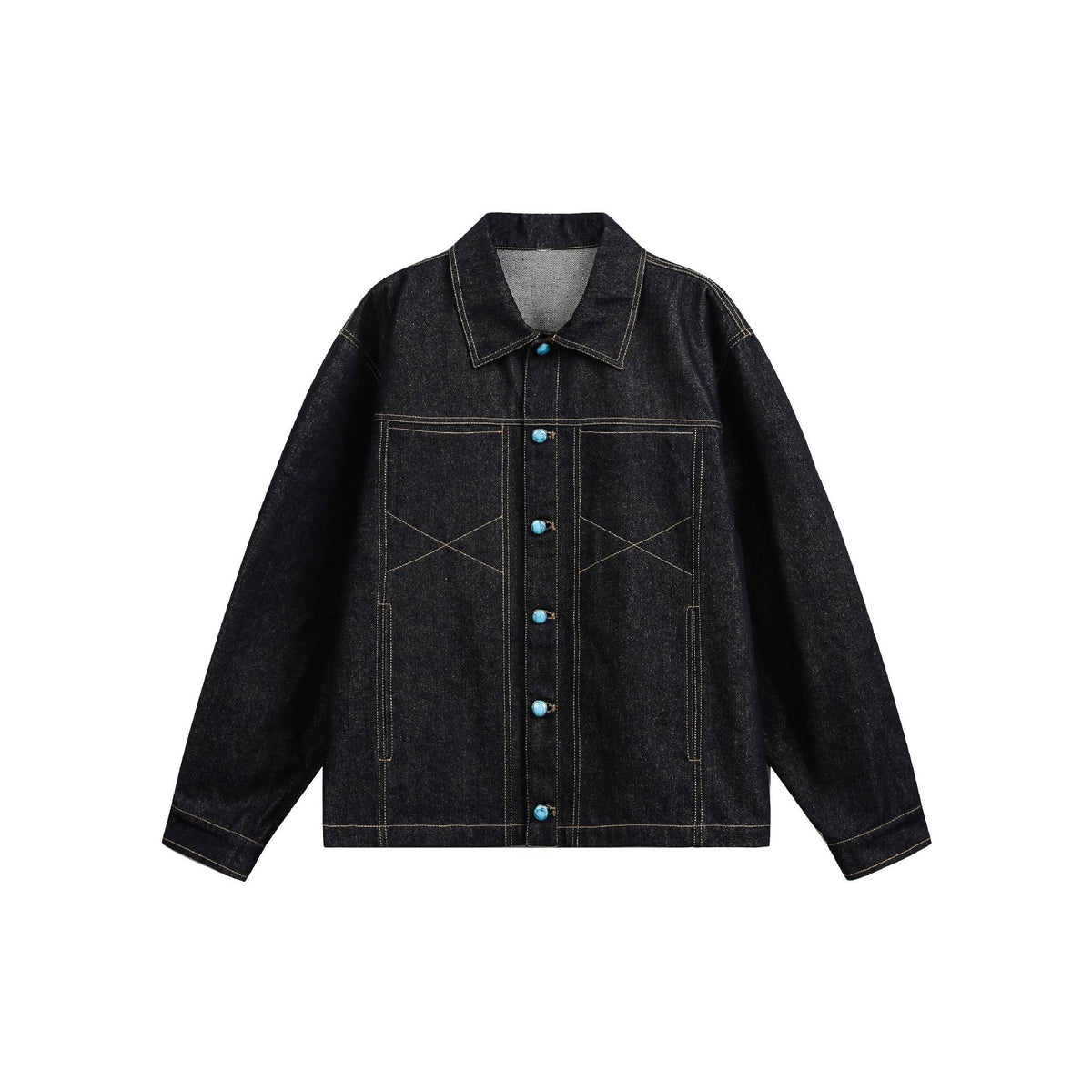 Turquoise Color-block Buttoned Loose Denim Jacket for Men