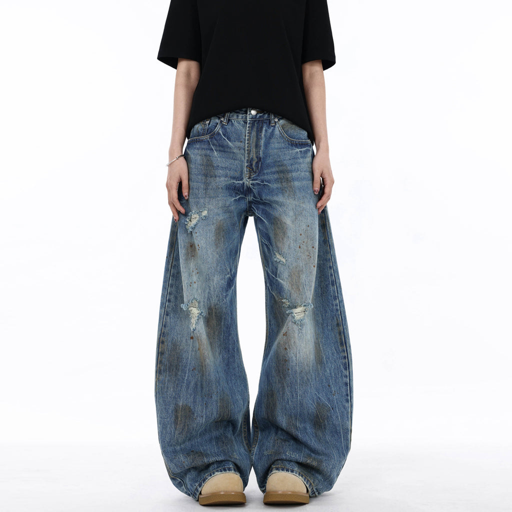 Street Style Lightning Crack Distressed Ripped Knife-Edge Denim Pants for Men, Wide Leg Loose Fit, Scythe Cut Casual Trousers