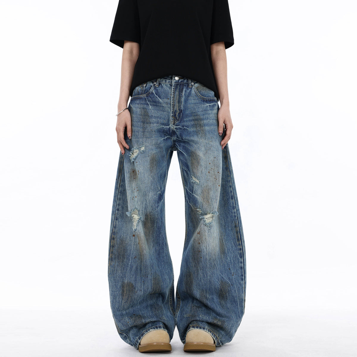 Street Style Lightning Crack Distressed Ripped Knife-Edge Denim Pants for Men, Wide Leg Loose Fit, Scythe Cut Casual Trousers