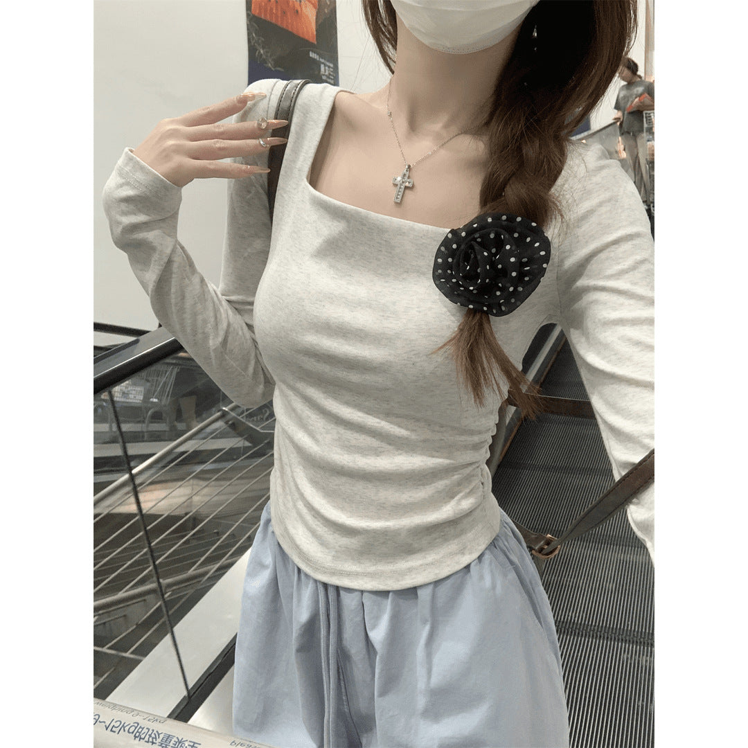 Black Women's Short Crop Top with High Waist, Fitted and Sexy Long Sleeve Slim Fit T-Shirt Inner Wear