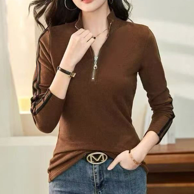 Double-Sided Velvet High Neck Zip-Up Long Sleeve T-Shirt for Women, Inner Layer or Outerwear Top