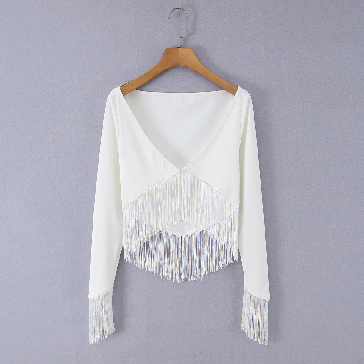 Vacation style high elasticity V-neck tassel top