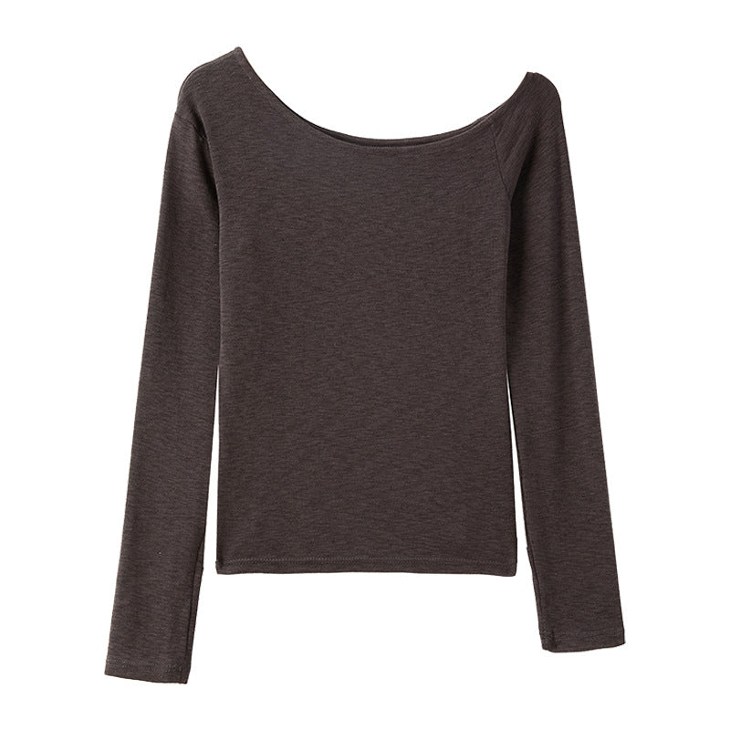 Off-Shoulder Long Sleeve Top for Women, New Style, Versatile, Elegant Solid Color, Regular Shoulder, Slim Fit, Bodycon, Sexy Look, Bamboo Cotton Shirt