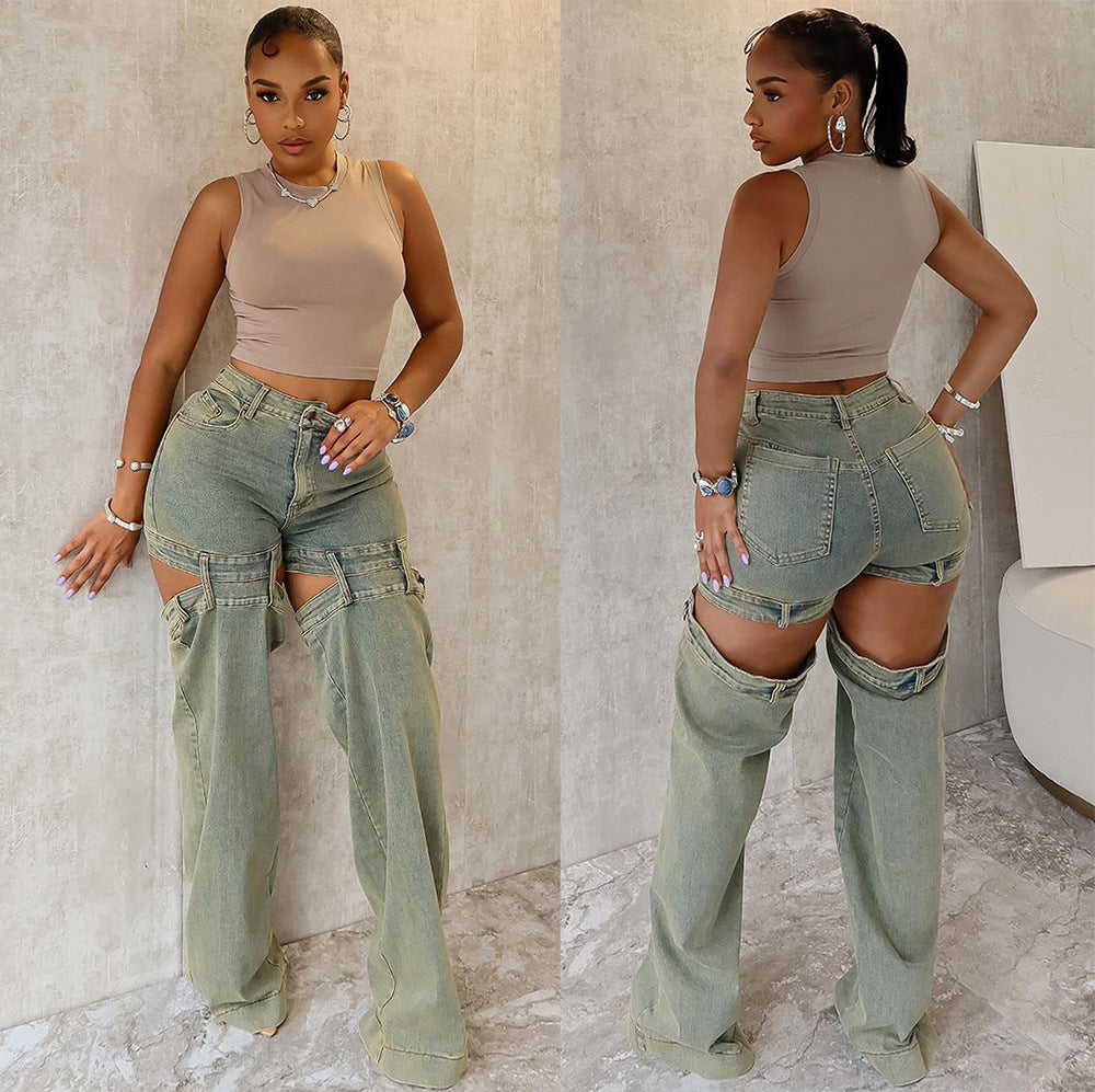 Women's Straight Leg Jeans Street Fashion Vintage Washed Cut-Out Wide Leg Pants