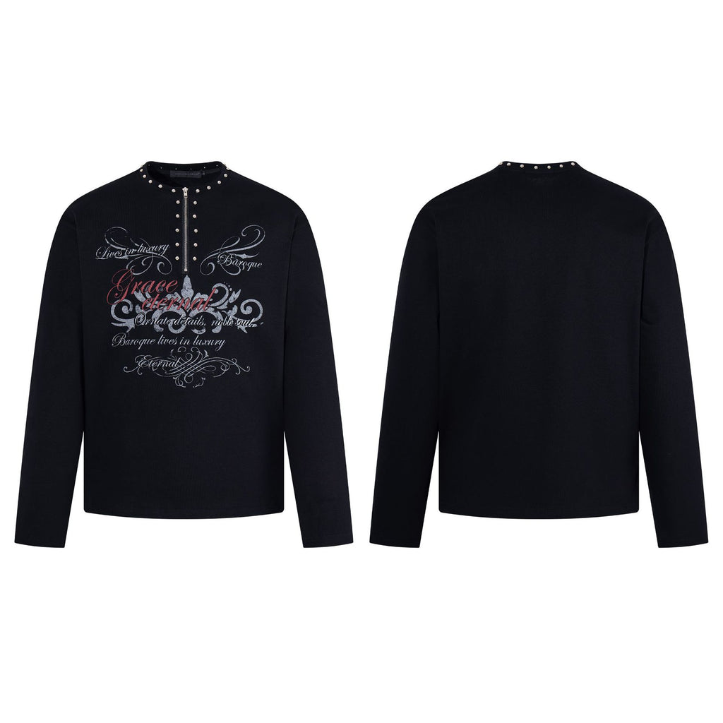 Light punk rivet half zipper long sleeved t-shirt