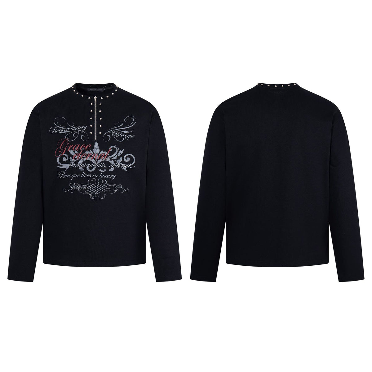 Light punk rivet half zipper long sleeved t-shirt