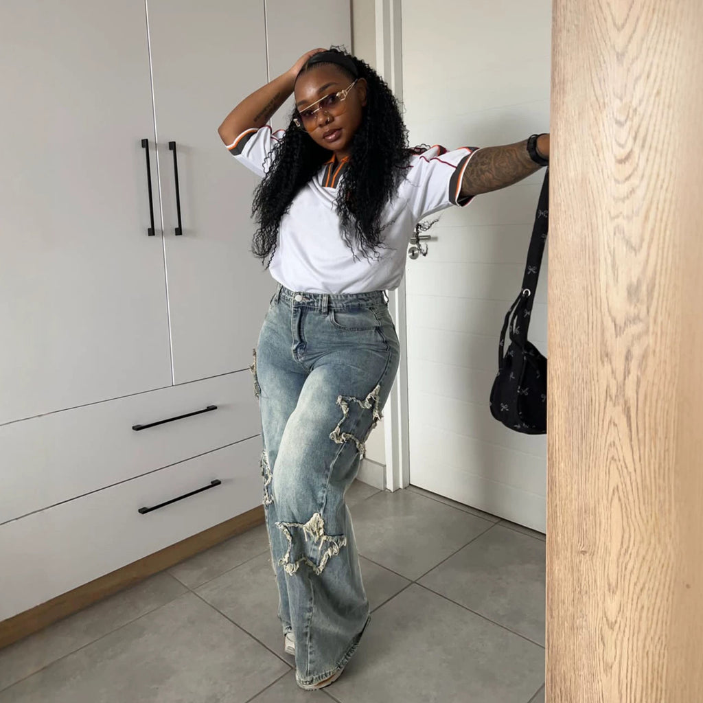 Street Style Heavy Washed Denim Jeans with Star Embroidery and Raw Hem Edges